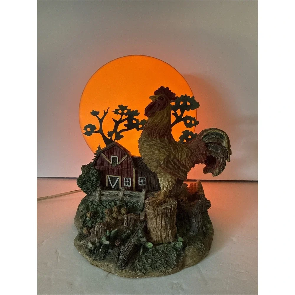 Vintage Rooster and Barn Farm Scene Rising Sun Moon Night Light Lamp Works Great